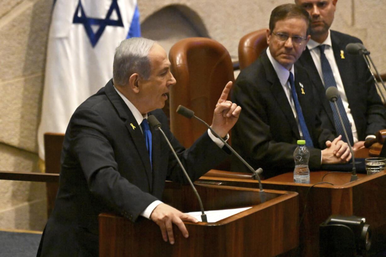 Israeli Prime Minister Benjamin Netanyahu speaks at the opening of the 25th Knesset session marking the anniversary of the &ldquo;Iron Swords&rdquo; war, in Jerusalem, Monday, Oct. 28, 2024.