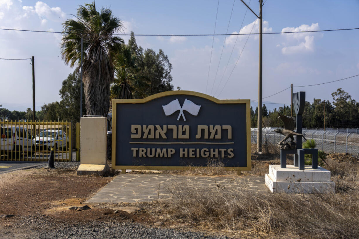 The entrance to the tiny settlement of &ldquo;Trump Heights&rdquo; in the Israeli-controlled Golan Heights, where the Israeli residents are welcoming the election of their namesake. They hope Donald Trump&rsquo;s return to the U.S. presidency will breathe new life into the community. Thursday, Nov. 7, 2024.