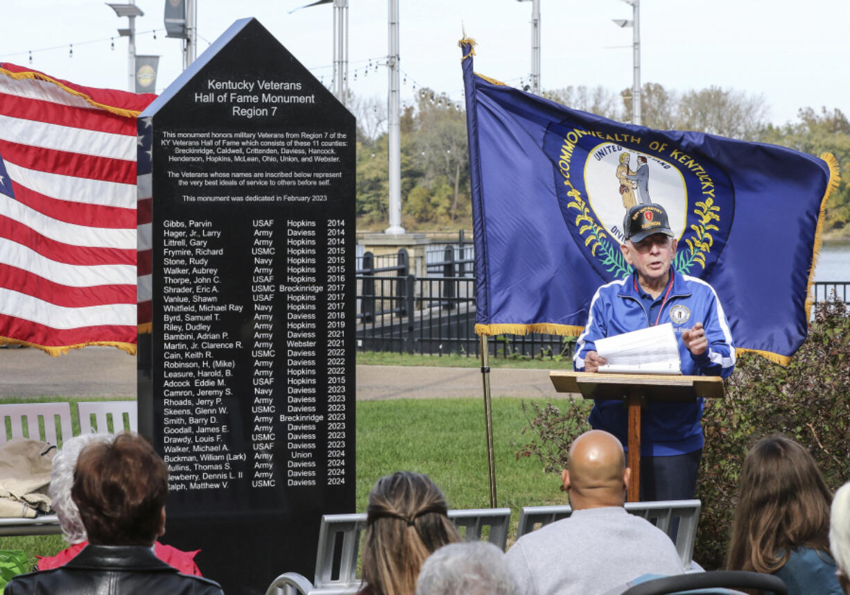 Adrian Bambini, Class of 2021) speaks at the Region 7, Kentucky Veterans Hall of Fame Foundation Ceremony, Friday, Nov. 8, 2024, during the induction of 12 new members at the monument at Smothers Park in Owensboro, Ky.