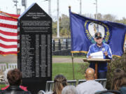 Adrian Bambini, Class of 2021) speaks at the Region 7, Kentucky Veterans Hall of Fame Foundation Ceremony, Friday, Nov. 8, 2024, during the induction of 12 new members at the monument at Smothers Park in Owensboro, Ky.