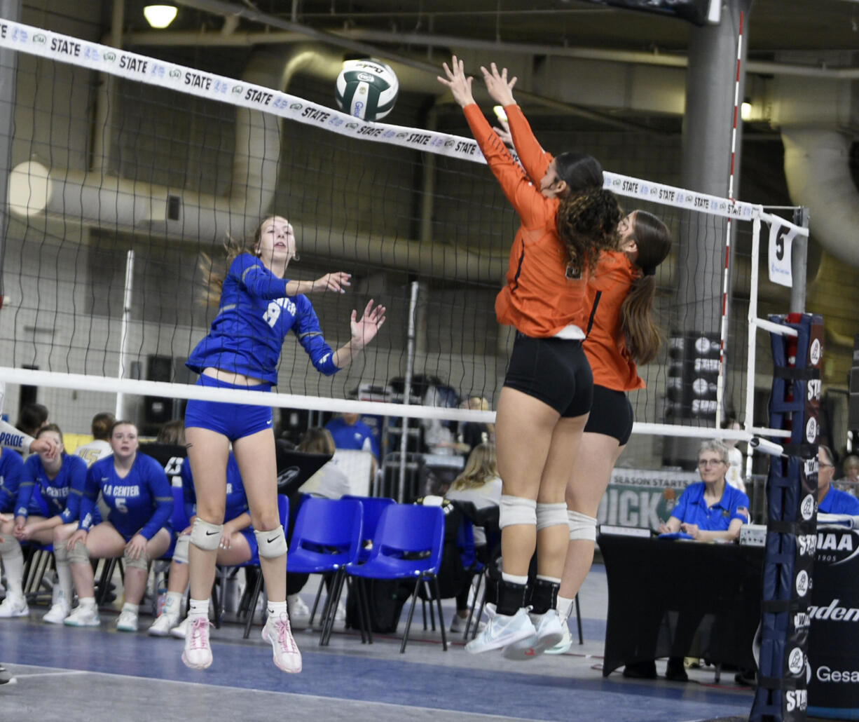 La Center senior Aristyn Wiseman attemps a kill during a first-round match against Zillah at the Class 1A state volleyball tournament on Friday, Nov. 15, 2024, in Yakima.