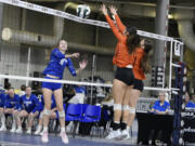 La Center senior Aristyn Wiseman attemps a kill during a first-round match against Zillah at the Class 1A state volleyball tournament on Friday, Nov. 15, 2024, in Yakima.