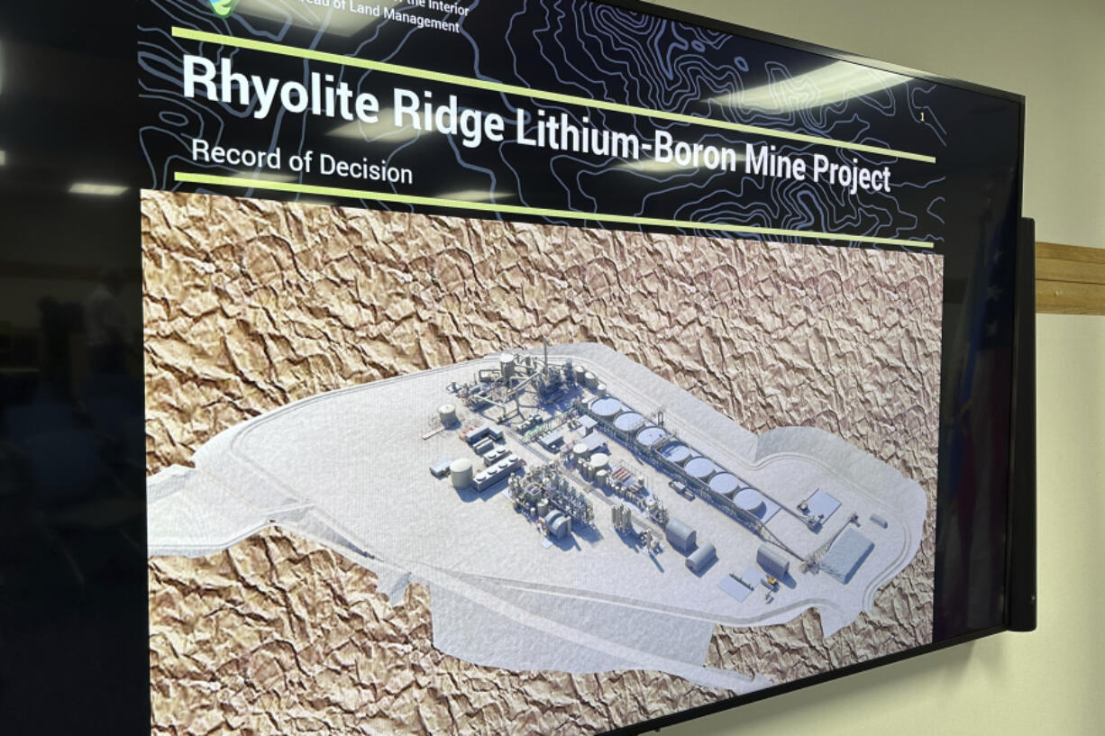 A rendering of a processing facility planned at Ioneer Ltd&rsquo;s lithium mine, scheduled to begin construction next year, is displayed by the U.S. Bureau of Land Management during a news conference in Reno, Nev., Thursday, Oct. 24, 2024, announcing the bureau&rsquo;s approval of a permit for the project. Environmentalists are threatening to sue to try to block the mine they say will drive an endangered wildflower to extinction.