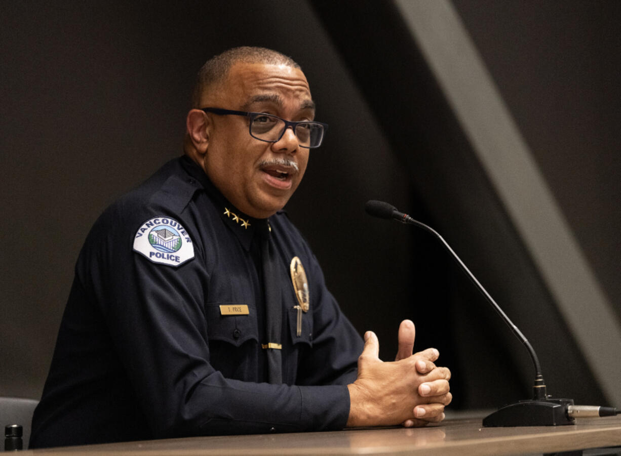 Troy Price talks to a crowd of community members Oct. 30 during a forum at Evergreen Public Schools. The city manager announced Tuesday he has appointed Price to be the next police chief.