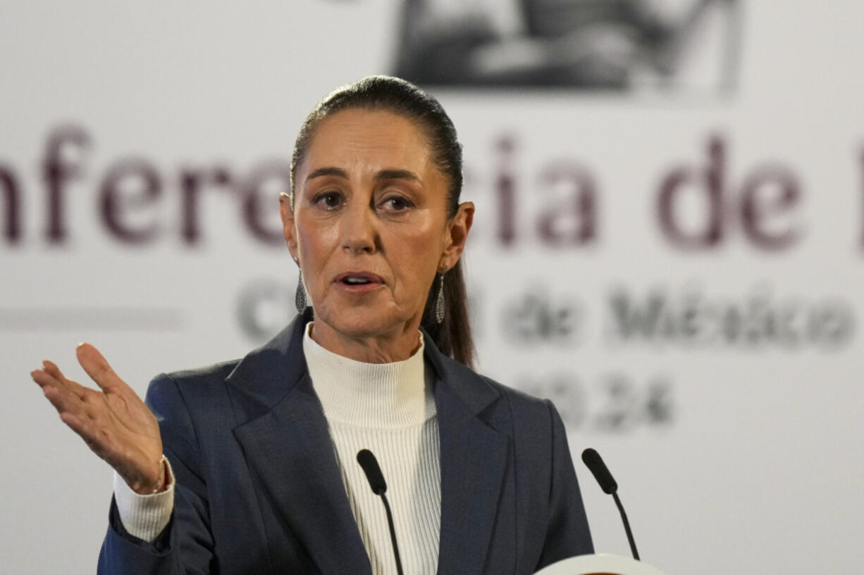 FILE - Mexican President Claudia Sheinbaum gives a media briefing from the National Palace in Mexico City, Oct. 2, 2024, the morning after her inauguration.