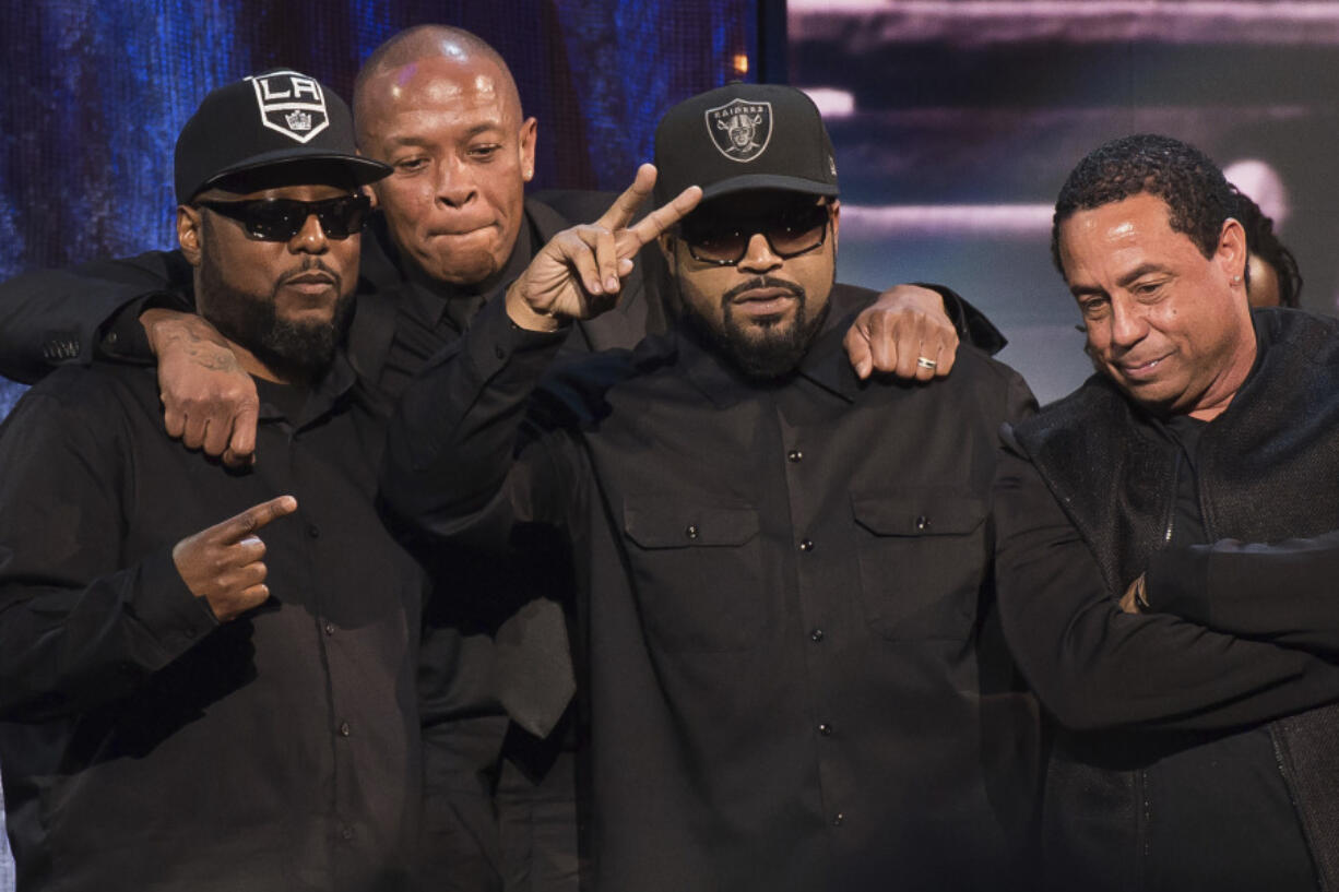 FILE - MC Ren, from left, Dr. Dre, Ice Cube and DJ Yella from N.W.A appear at the 31st Annual Rock and Roll Hall of Fame Induction Ceremony in New York on April 8, 2016.