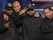 FILE - MC Ren, from left, Dr. Dre, Ice Cube and DJ Yella from N.W.A appear at the 31st Annual Rock and Roll Hall of Fame Induction Ceremony in New York on April 8, 2016.