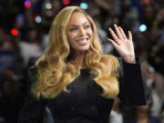 FILE - Beyonce appears at a campaign event for Democratic presidential nominee Vice President Kamala Harris in Houston, on Oct. 25, 2024.