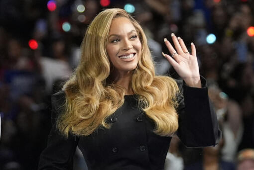 FILE - Beyonce appears at a campaign event for Democratic presidential nominee Vice President Kamala Harris in Houston, on Oct. 25, 2024.