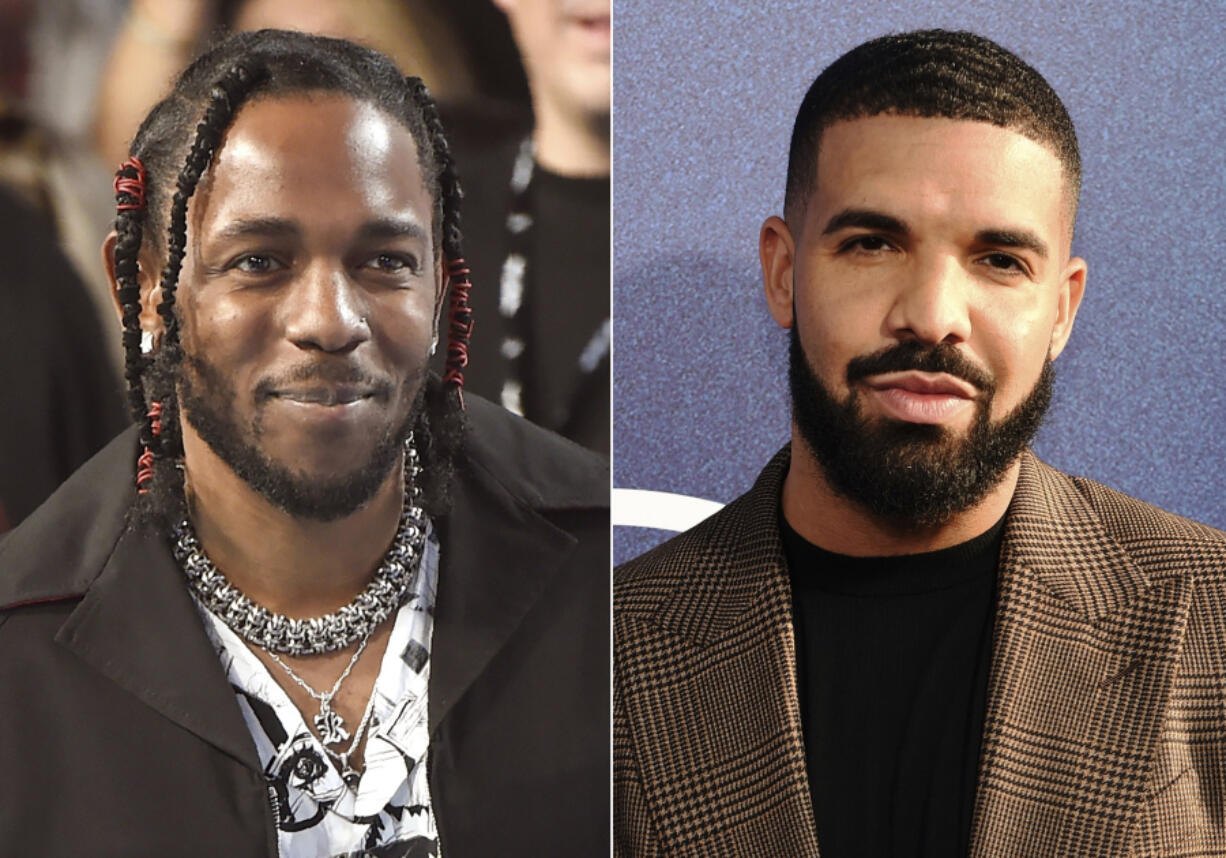 FILE - Rapper Kendrick Lamar appears at the MTV Video Music Awards, on Aug. 27, 2017, in Inglewood, Calif., left, and Canadian rapper Drake appears at the premiere of the series &quot;Euphoria,&quot; in Los Angeles on June 4, 2019.