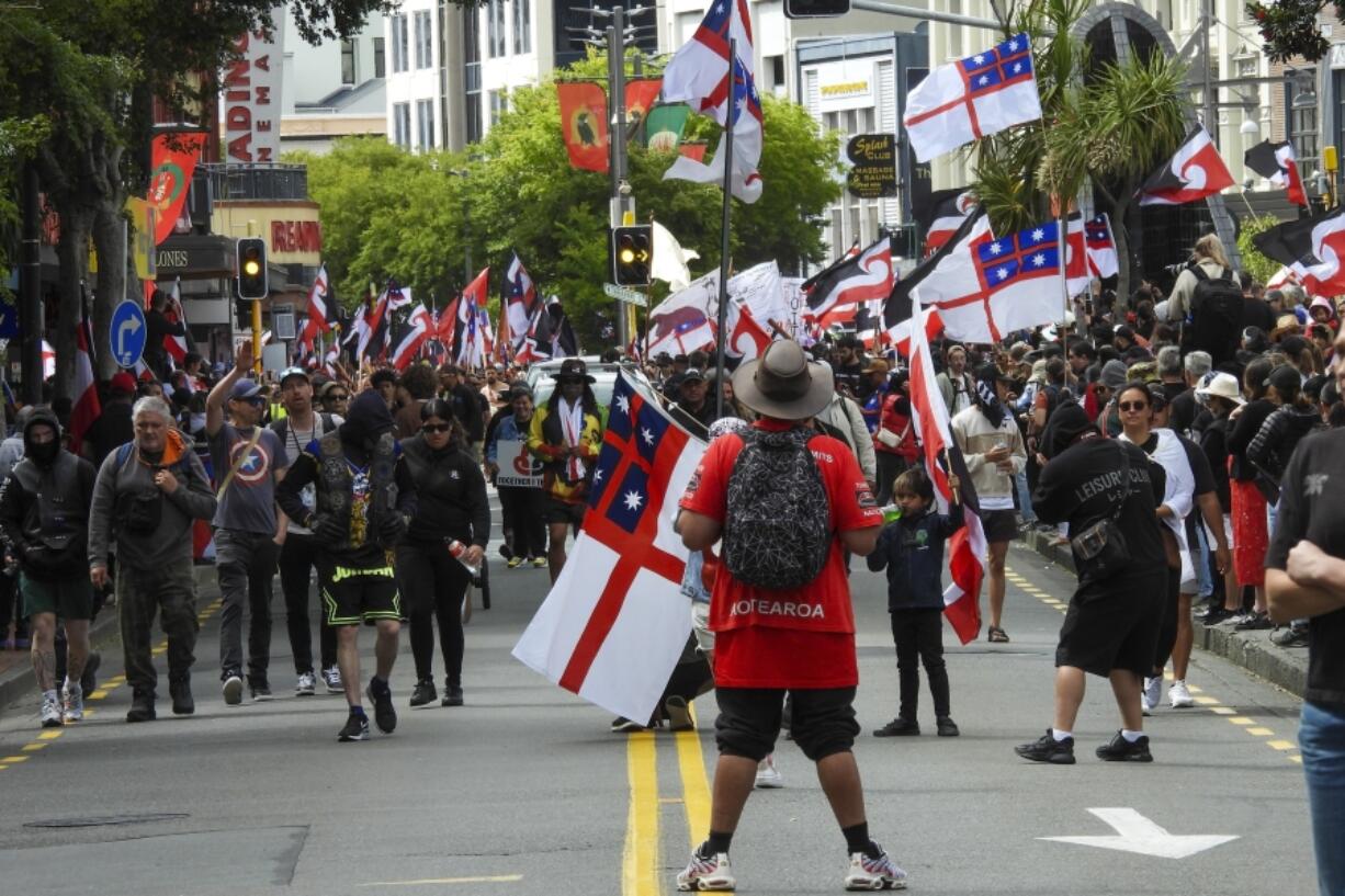 Thousands of people march to New Zealand&rsquo;s parliament to protest a proposed law that would redefine the country&rsquo;s founding agreement between Indigenous Maori and the British Crown, in Wellington Tuesday, Nov. 19, 2024.