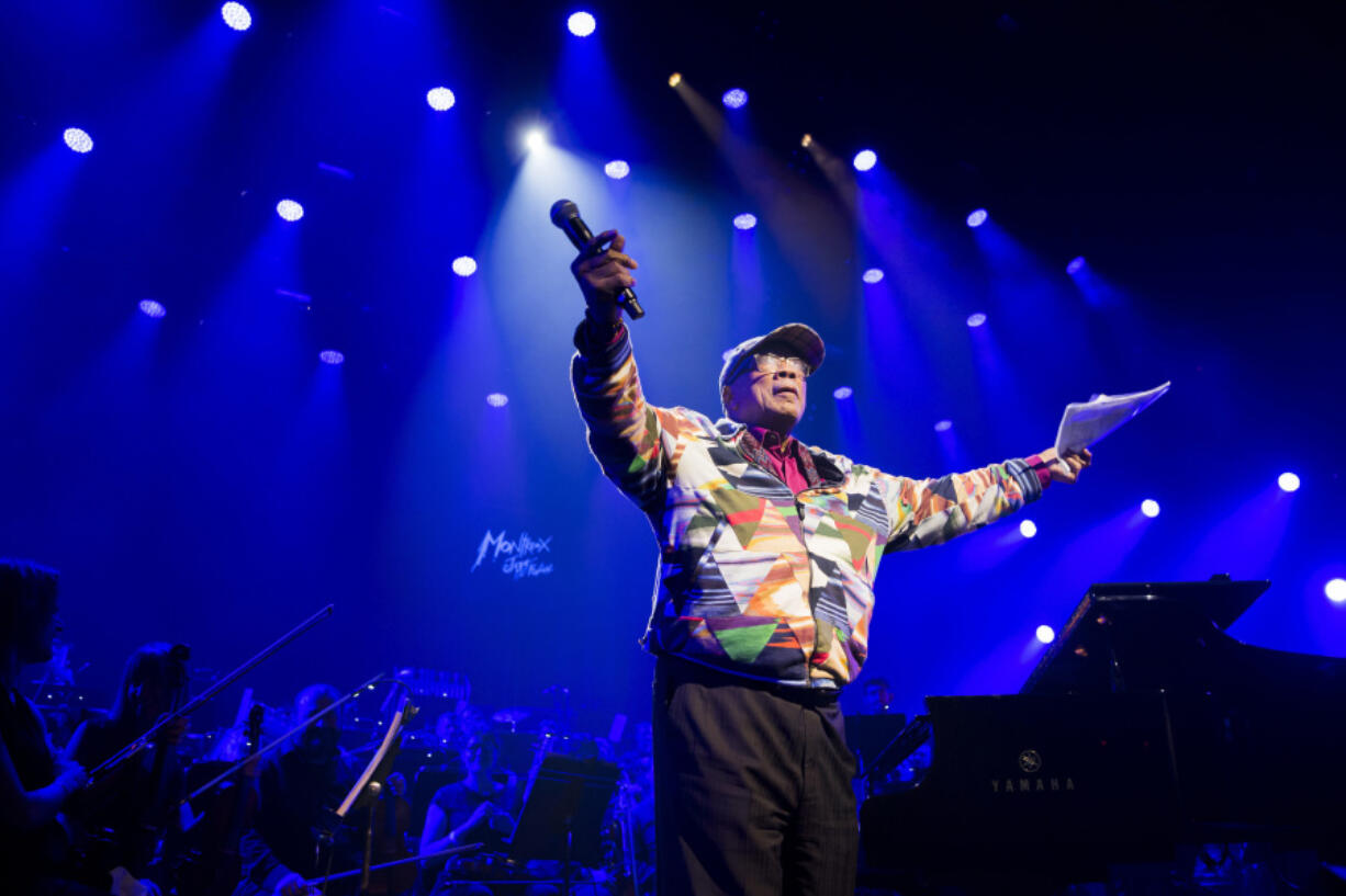 U.S. music producer Quincy Jones reacts July 13, 2019, during the Quincy Jones soundtrack of the &rsquo;80s celebration evening at the Auditorium Stravinski during the 53rd Montreux Jazz Festival in Montreux, Switzerland.