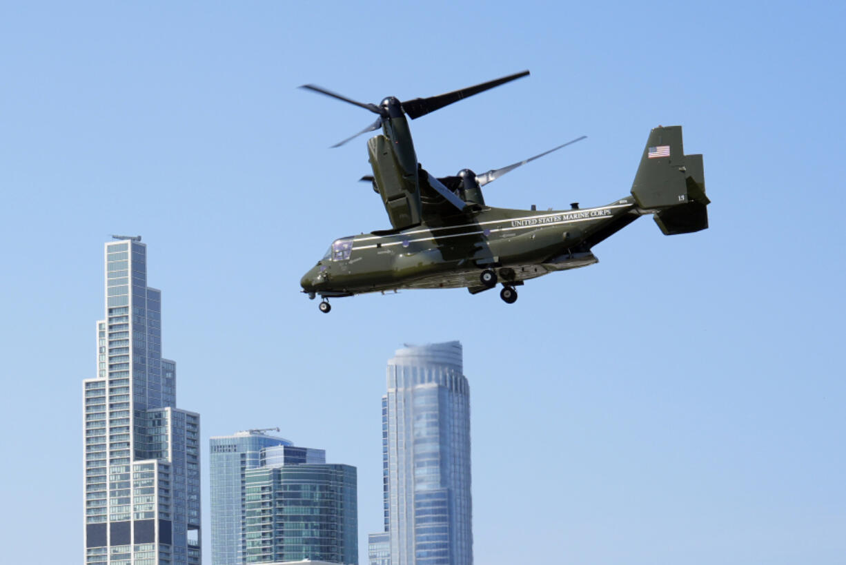 Marine Two, an Osprey tilt-rotor aircraft, with Vice President Kamala Harris and second gentleman Doug Emhoff aboard, lifts from Soldier Field in Chicago, Aug.