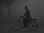 A cyclist moves during a foggy morning in Lahore, Pakistan, Sunday, Nov. 3, 2024. (AP Photo/K.M.