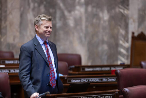 State Sen. Jamie Pedersen, D-Seattle, talks on the Senate floor in January 2024.