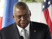 U.S. Defense Secretary Lloyd Austin delivers a speech during a groundbreaking ceremony for the Combined Coordination Center at Camp Aguinaldo military headquarters in Quezon City, Philippines Monday, Nov. 18, 2024.