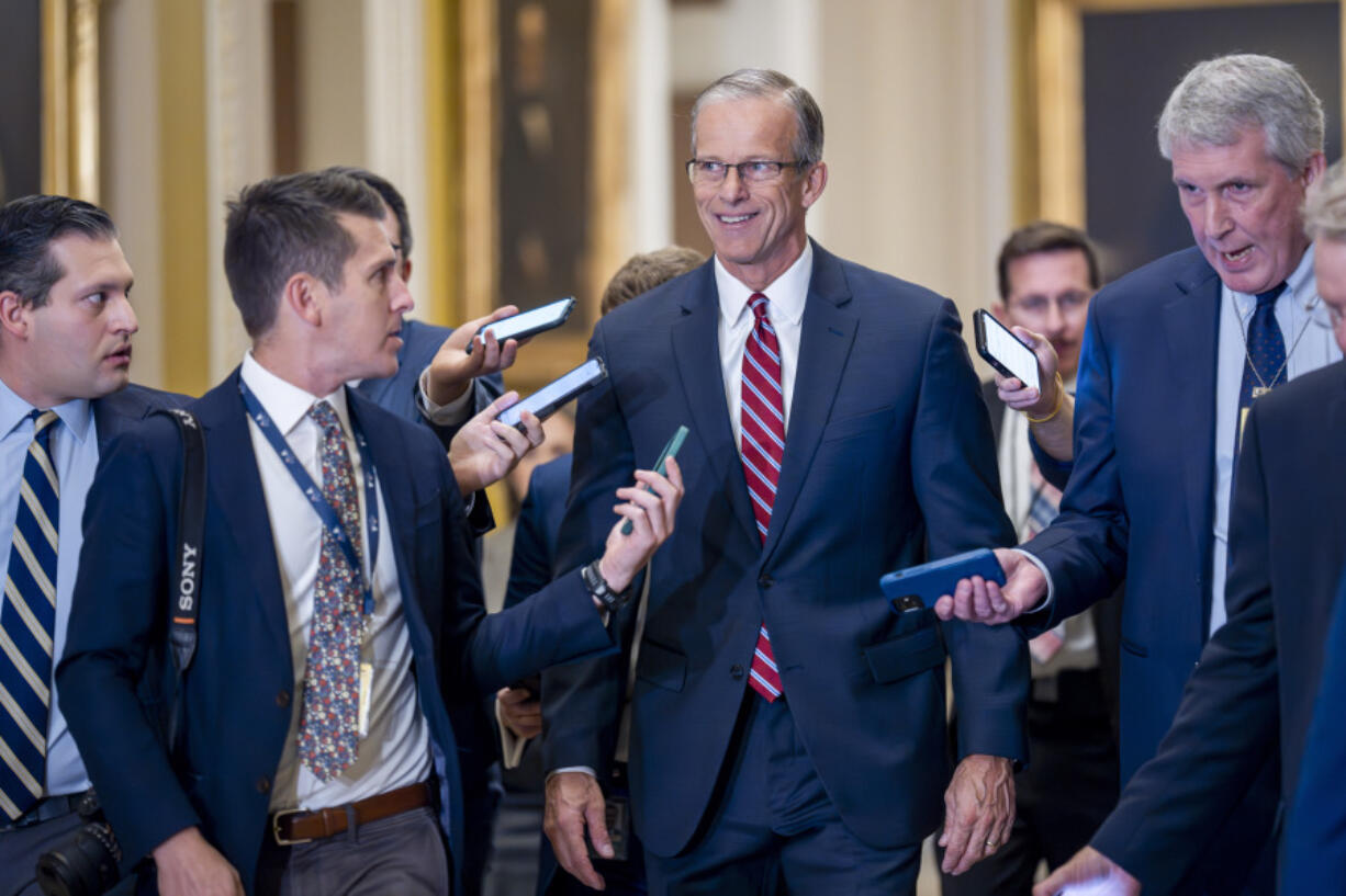 Senate Minority Whip John Thune, R-S.D., walks with reporters on the way to being elected to succeed longtime GOP leader Mitch McConnell of Kentucky, at the Capitol in Washington, Wednesday, Nov.