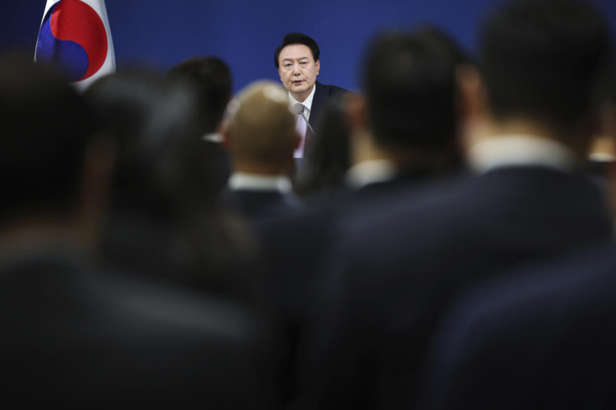 South Korean President Yoon Suk Yeol answers a reporters&rsquo; question during a news conference at the Presidential Office in Seoul, South Korea Thursday, Nov. 7, 2024.