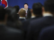 South Korean President Yoon Suk Yeol answers a reporters&rsquo; question during a news conference at the Presidential Office in Seoul, South Korea Thursday, Nov. 7, 2024.