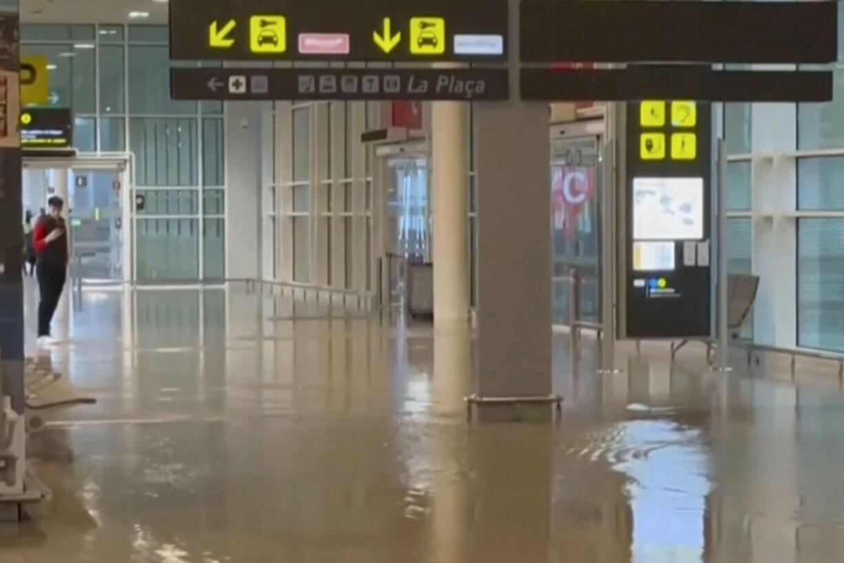 A view of a flooded part of the airport in Barcelona, Spain, Monday, Nov. 4, 2024.