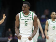 Oregon guard TJ Bamba (5) yells after being fouled during the second half of an NCAA basketball game against Texas A&amp;M Tuesday, Nov. 26, 2024, in Las Vegas.