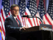 Speaker of the House Mike Johnson of La., speaks during a meeting with President-elect Donald Trump and the House GOP conference, Wednesday, Nov. 13, 2024, in Washington.