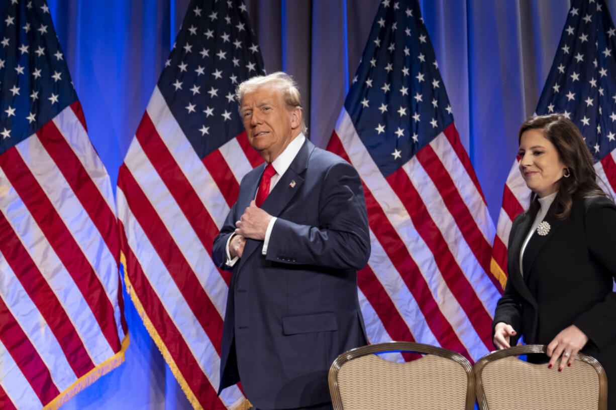 President-elect Donald Trump arrives to speak at a meeting of the House GOP conference, followed by Rep. Elise Stefanik, R-N.Y., Wednesday, Nov. 13, 2024, in Washington.