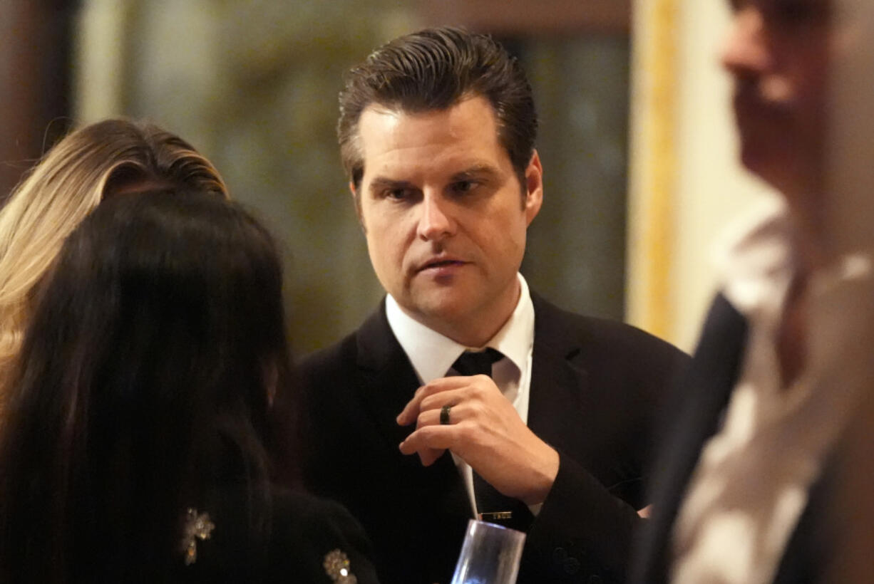 Matt Gaetz arrives before President-elect Donald Trump speaks during an America First Policy Institute gala at his Mar-a-Lago estate, Thursday, Nov. 14, 2024, in Palm Beach, Fla.