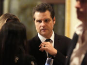 Matt Gaetz arrives before President-elect Donald Trump speaks during an America First Policy Institute gala at his Mar-a-Lago estate, Thursday, Nov. 14, 2024, in Palm Beach, Fla.