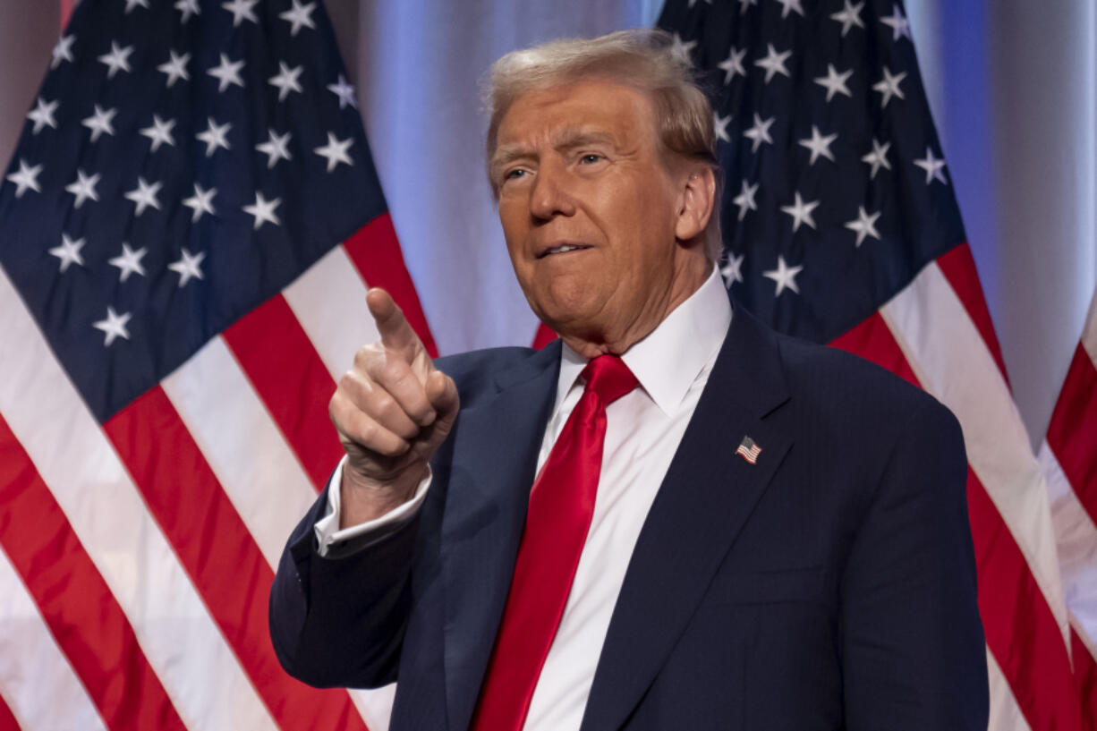 President-elect Donald Trump arrives to speak at a meeting of the House GOP conference, Wednesday, Nov. 13, 2024, in Washington.