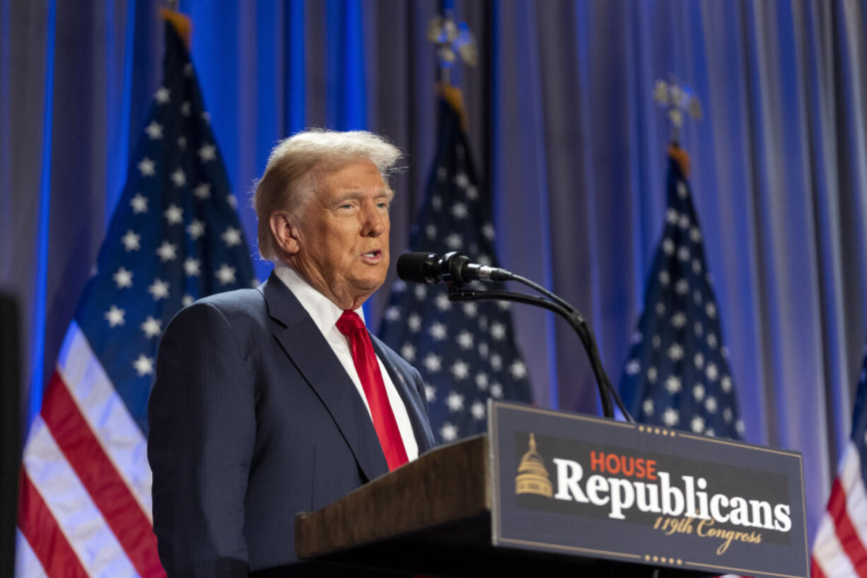 President-elect Donald Trump speaks at meeting of the House GOP conference, Wednesday, Nov. 13, 2024, in Washington.