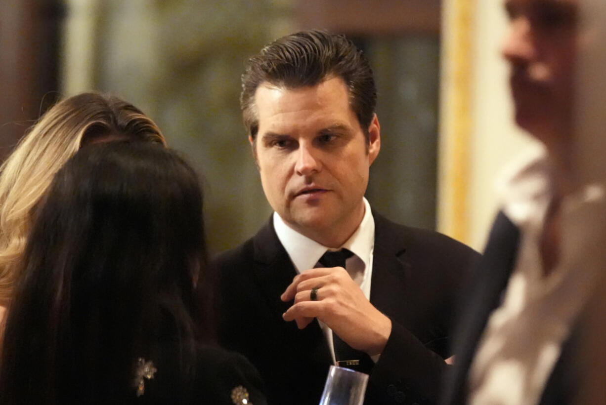 Matt Gaetz talks before President-elect Donald Trump speaks during an America First Policy Institute gala at his Mar-a-Lago estate, Thursday, Nov. 14, 2024, in Palm Beach, Fla.