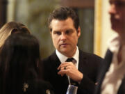 Matt Gaetz talks before President-elect Donald Trump speaks during an America First Policy Institute gala at his Mar-a-Lago estate, Thursday, Nov. 14, 2024, in Palm Beach, Fla.