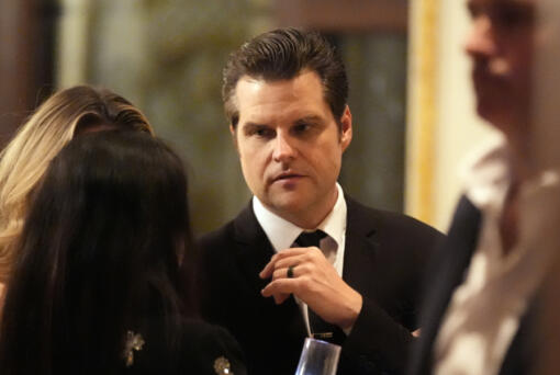 Matt Gaetz talks before President-elect Donald Trump speaks during an America First Policy Institute gala at his Mar-a-Lago estate, Thursday, Nov. 14, 2024, in Palm Beach, Fla.