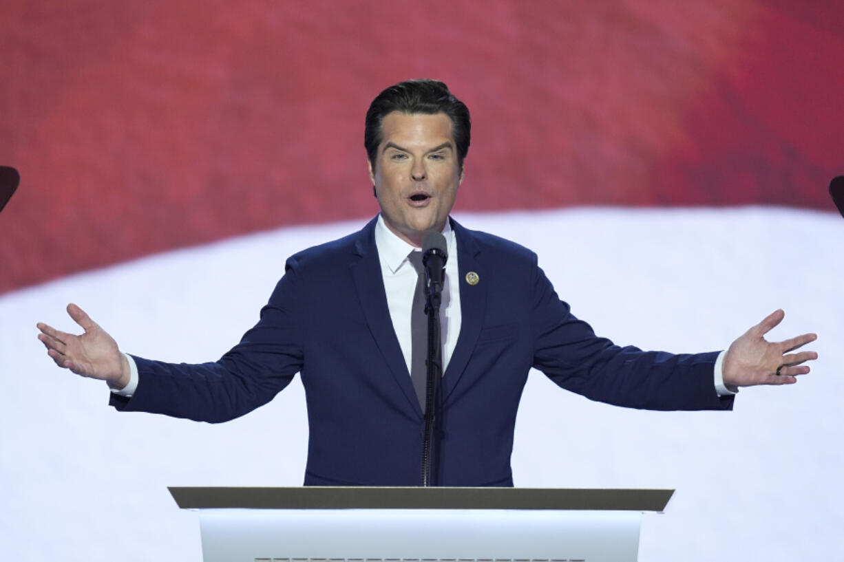 FILE&mdash;Rep. Matt Gaetz, R-Fla., speaks at the Republican National Convention in Milwaukee, Wednesday, July 17, 2024. On Thursday, Nov. 21, 2024, the former Florida congressman withdrew as President-elect Donald Trump&#039;s pick for attorney general following scrutiny over a federal sex trafficking investigation. The Republican&#039;s announcement came one day after meeting with senators in an effort to win their support for his confirmation to lead the Justice Department. (AP Photo/J.