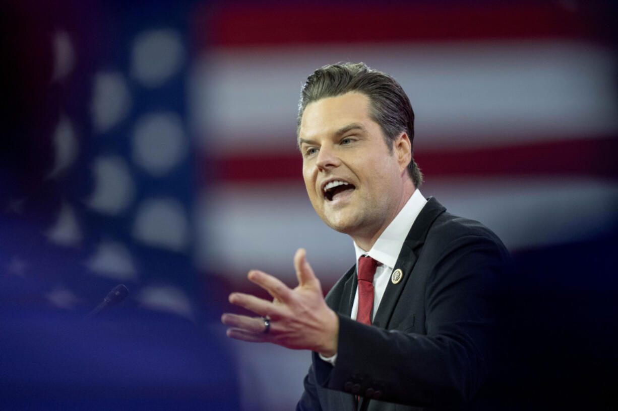 FILE - Rep. Matt Gaetz, R-Fla., speaks during the Conservative Political Action Conference, CPAC 2024, at the National Harbor, in Oxon Hill, Md., Feb. 23, 2024.