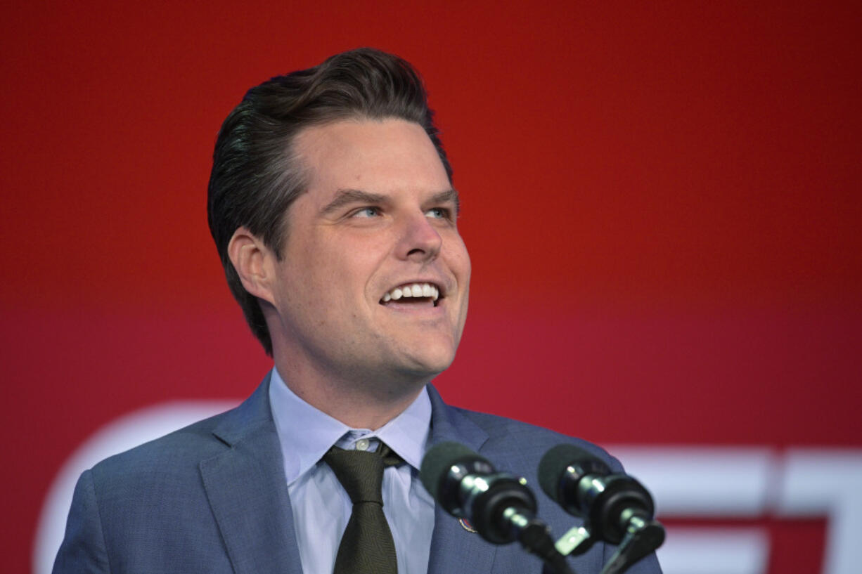 FILE - Rep. Matt Gaetz, R-Fla., speaks at the Republican Party of Florida Freedom Summit, Nov. 4, 2023, in Kissimmee, Fla. (AP Photo/Phelan M.