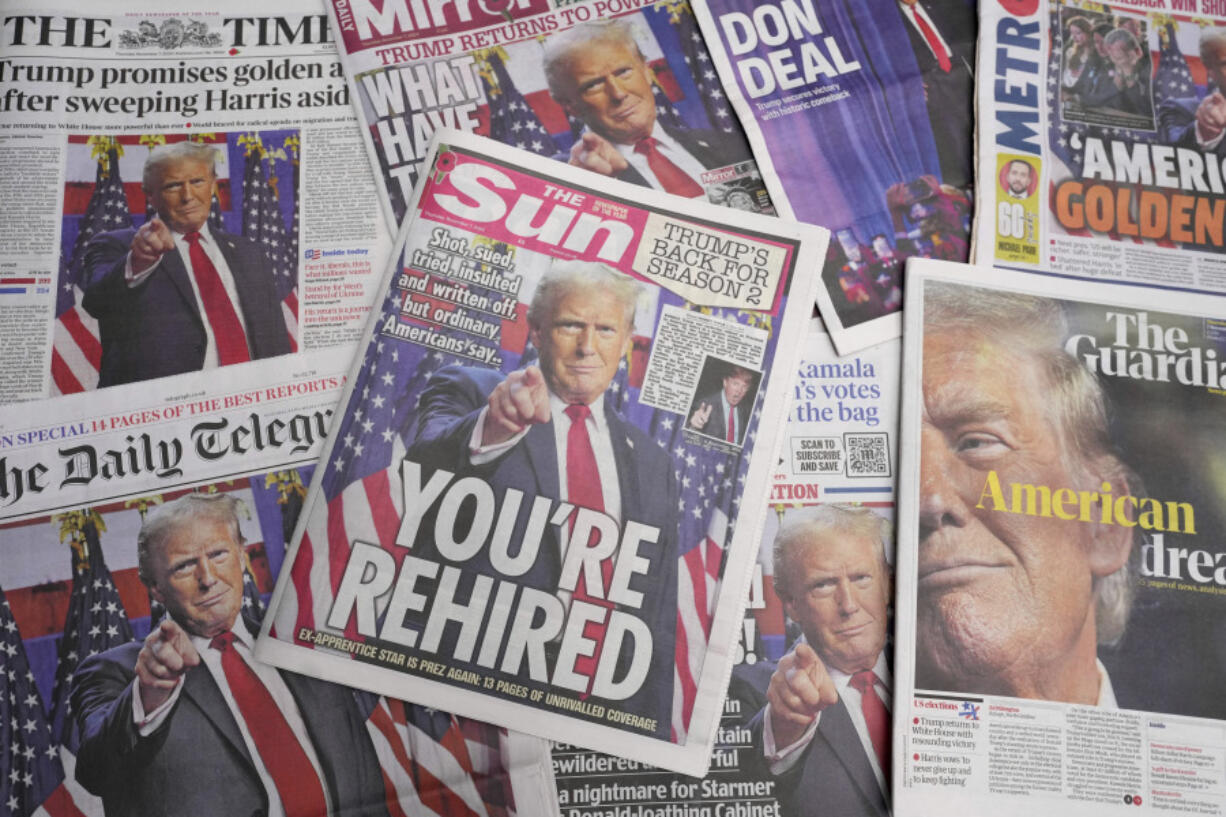 Britain&rsquo;s newspapers&rsquo; front pages reporting on U.S. President-elect Donald Trump in the U.S. presidential election, are seen in London, Thursday, Nov. 7, 2024.