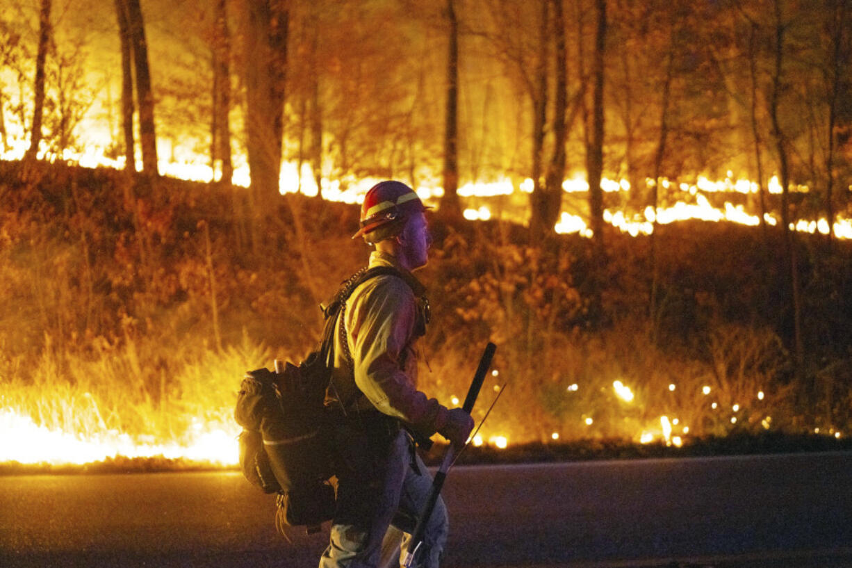 This image provided by New Jersey Department of Environmental Protection shows the wildfire in Jennings Creek, N.J., Saturday, Nov. 9, 2024.