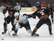 Portland Winterhawks defenseman Tyson Jugnauth (27) chases the puck  between Calgary's Dax Williams (2) and Maxim Muranov (15) during the Western Hockey League game Wednesday, Nov. 13, 2024, at Portland's Veterans Memorial Coliseum.