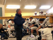 Skyview coach Steve Kizer addresses the Storm after Saturday's 41-0 loss to Sumner in the Class 4A state quarterfinals. The loss ends Skyview's season at 8-4 overall.