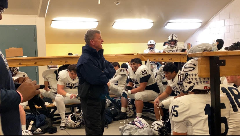 Skyview coach Steve Kizer addresses the Storm after Saturday's 41-0 loss to Sumner in the Class 4A state quarterfinals. The loss ends Skyview's season at 8-4 overall.