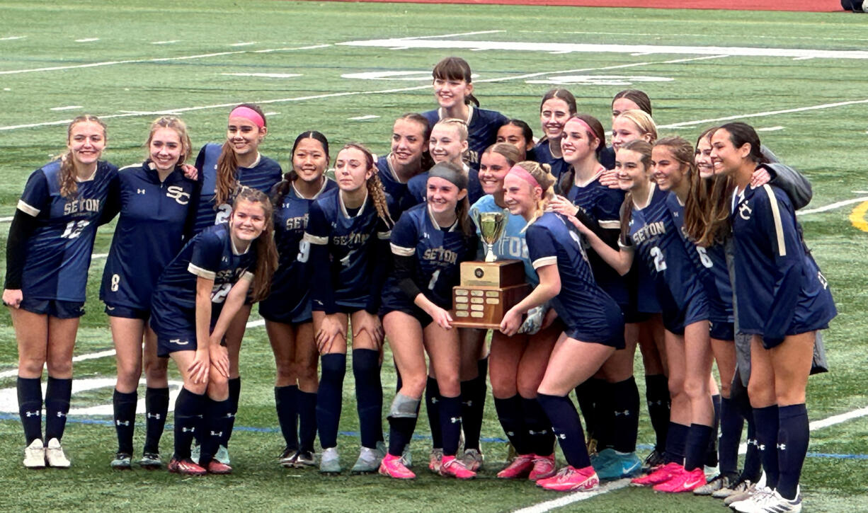 The Seton Catholic girls soccer team after winning the 1A District 4 title 1-0 over Montesano on Saturday, Nov. 9, 2024, at King's Way Christian High School.