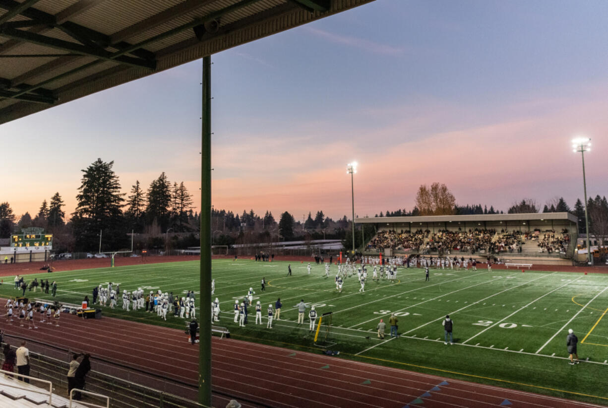 Cotton candy clouds hang above McKenzie Stadium on Saturday, Nov. 30, 2024, during Seton Catholic&Ccedil;&fnof;&Ugrave;s 35-14 win against Montesano in a 1A semifinal playoff game.