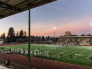 Cotton candy clouds hang above McKenzie Stadium on Saturday, Nov. 30, 2024, during Seton Catholic&Ccedil;&fnof;&Ugrave;s 35-14 win against Montesano in a 1A semifinal playoff game.