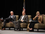 Sen. Paul Harris, from left, joins Sen. John Braun and Sen. Annette Cleveland during the 2025 Legislative Outlook at the Hilton Vancouver Washington on Thursday morning.