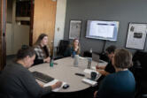 Editors at The Columbian, clockwise from left, Managing Editor For Production Merridee Hanson, Local News Editor Jessica Prokop, Web Editor Amy Libby, Assistant News Editor Colleen Keller and Managing Editor for Content Erin Middlewood meet at 10 a.m. Thursday to discuss the Friday print newspaper plan and web stories.