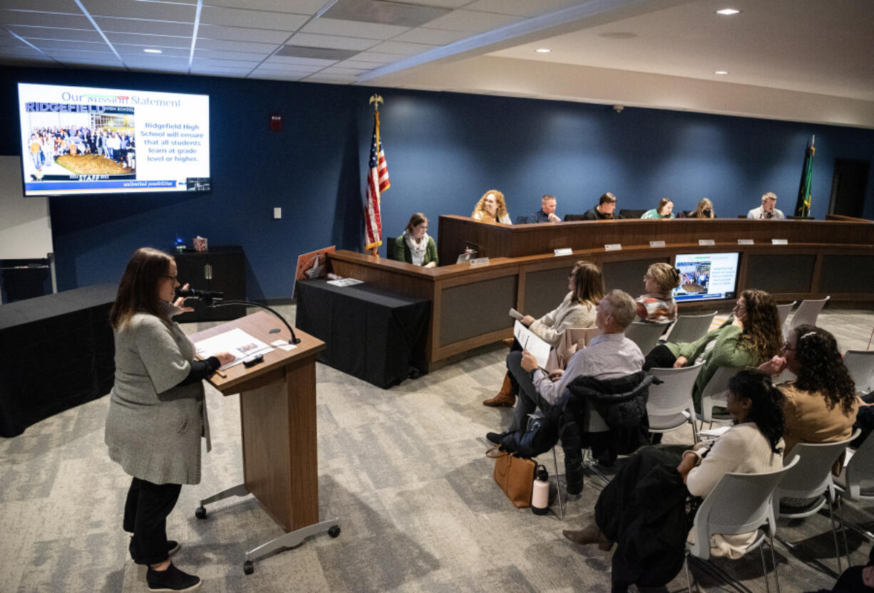 Ridgefield High School Principal Christen Palmer, left, speaks during Tuesday&rsquo;s school board meeting at Ridgefield Administration and Civic Center. During the meeting, the school board voted to place two levies on February&rsquo;s ballot.