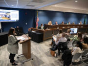 Ridgefield High School Principal Christen Palmer, left, speaks during Tuesday&rsquo;s school board meeting at Ridgefield Administration and Civic Center. During the meeting, the school board voted to place two levies on February&rsquo;s ballot.