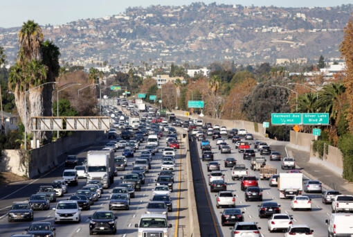 Heavy traffic moves along the 101 freeway on Nov. 23, 2022, in Los Angeles.